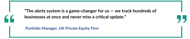 Testimonial from a UK Private Equity Portfolio Manager praising the alerts system for enabling real-time tracking of hundreds of businesses without missing critical updates.