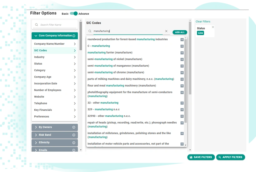 Advanced search dashboard with SIC code filtering and company data segmentation for precise business intelligence insights