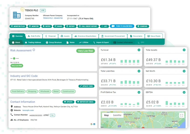 Detailed company profile dashboard showing financial metrics, risk assessment, and business intelligence insights