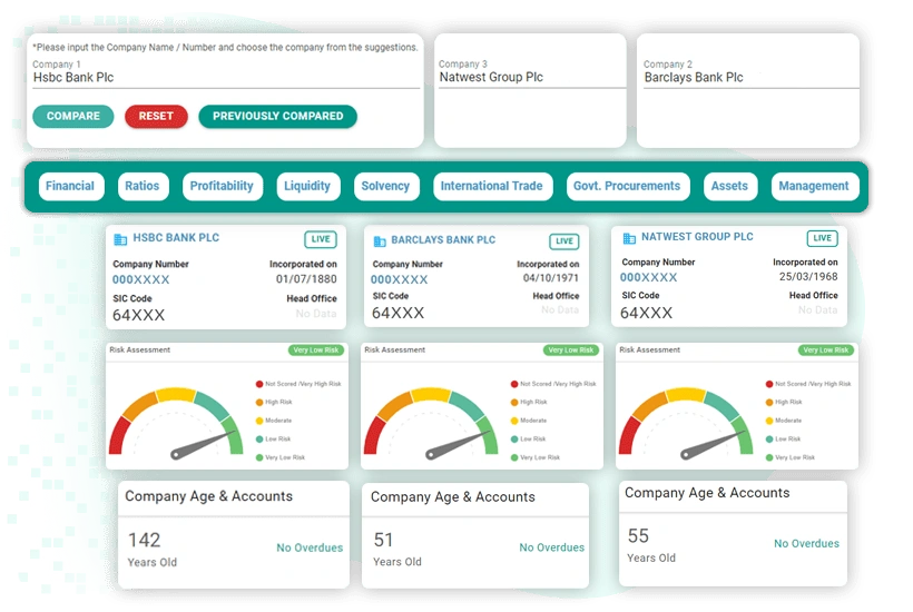 Business intelligence dashboard comparing financial health, risk ratings and performance metrics to stay ahead