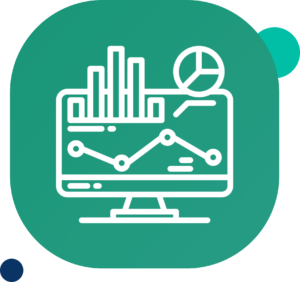 DataGardener impactful reporting solutions icon showing desktop monitor with bar charts, line graph and pie chart analytics