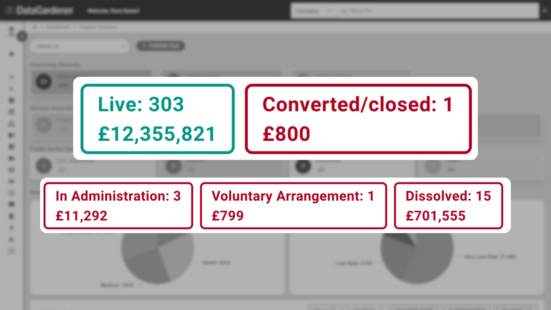 DataGardener company status dashboard showing live, dissolved, administration and closed firms with contract values