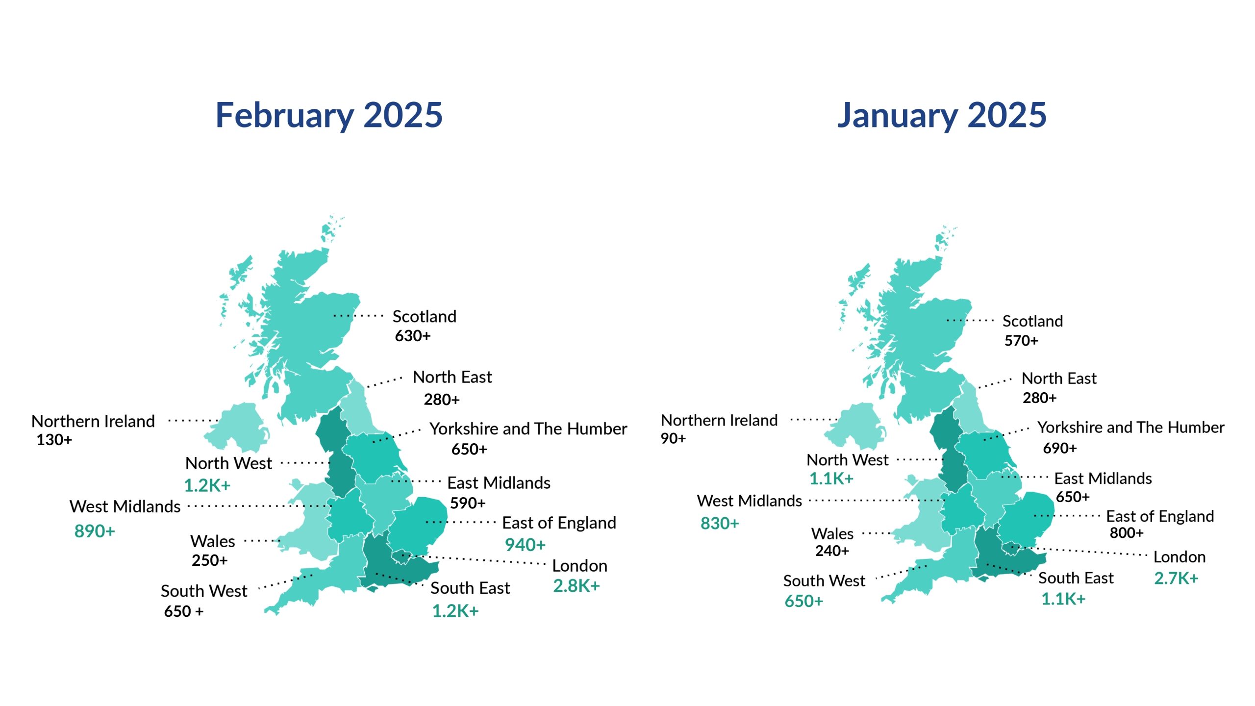 Regional Distribution of Charges Registered February 2025 Vs January 2025 Map data for February  UK Business Insights Report