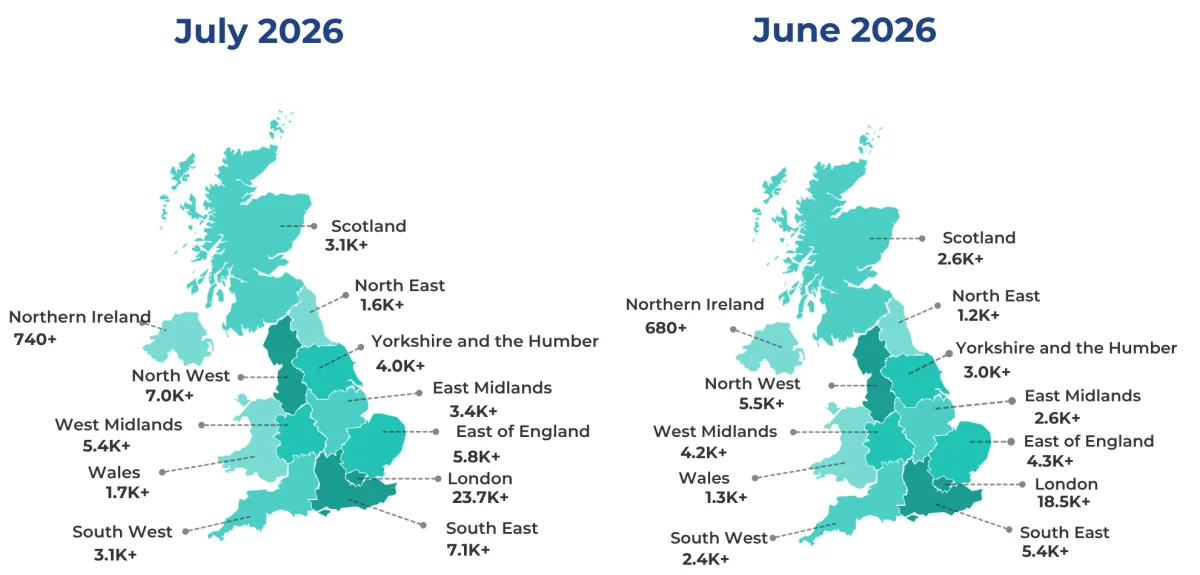 Which regions saw the most new business activity? June 2026 Vs July 2026